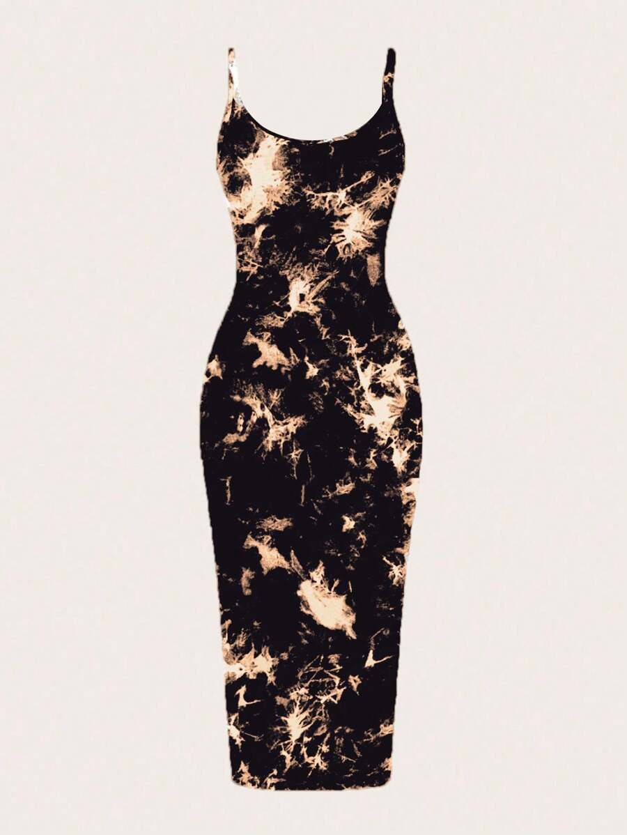 SHEIN EZwear 大码女式休闲简约扎染印花修身连衣裙，适合春夏季