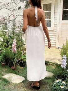 SHEIN Vacation Casual Comfy Spaghetti Strap Ruffle Patchwork Open Back Maxi Dress - Apricot - View 2