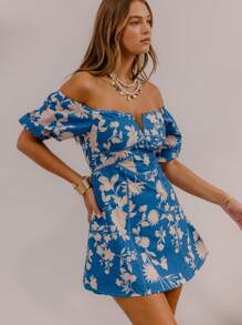 Aralina 女士度假花卉印花露肩泡泡袖迷你连衣裙 - 藍色 - 查看 8