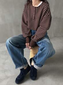 FRIFUL 女士休闲宽松落肩条纹 T 恤，春/秋 - 棕色 - 查看 2