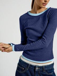 AiiRZ Ribbed Long Sleeve Casual Top With Baby Blue Trim Winter Basic Layer Double Neck Detail Fitted Workout Athletic Running Yoga Fall Essentials