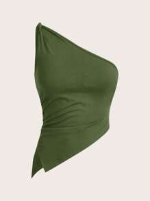 Siren Gaze 情人节勃艮第红色扭纹单肩上衣优雅修身女士上衣 - 軍綠色 - 查看 7