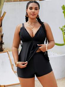 Slaydiva Plus Size Solid Color Shirred Front Design Tankini Swimsuit Set For Summer Beach Vacation - Black - View 1