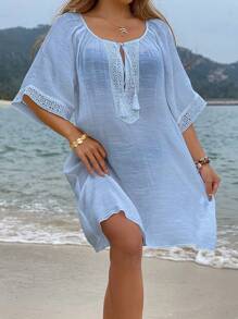 Swim Vcay Vacation Beach Solid Color Lace Patchwork Coverup Dress For Summer - Blue - View 5