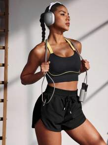 Powerista 女士字母印花系腰日常健身运动短裤 - 黑色 - 查看 4