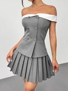 SHEIN EZwear Slimming Business Casual Woman Contrast Color Off Shoulder Double Breasted Blouse And Solid Pleated Mini Skirt - Light Grey - View 6