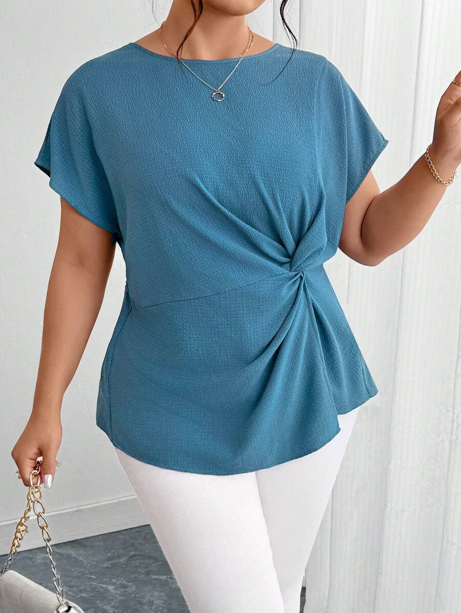 SHEIN Clasi Áo cánh xanh thắt nút xoắn thanh lịch cỡ lớn dành cho nữ, tốt nghiệp mùa hè, ăn trưa, áo xanh sân bay, trang phục công sở thường ngày, ngày của mẹ - Màu xanh lam - Xem 1