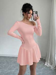 Chiquease Women's Asymmetric Patchwork Short & Long Sleeve Mini Dress, Spring Autumn Fall Cloth For Women - Pink - View 4