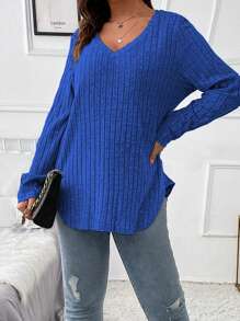 EMERY ROSE Plus Ribbed Knit V Neck Tee Fall Cloth For Women - Royal Blue - View 6