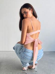 Aloruh Áo hai dây hở lưng phối ren gợi cảm cho nữ, màu vàng - Hồng - Xem 2