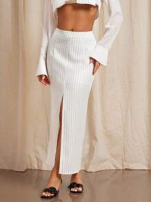 Vixey Pinstripe Front Slit Midi Office Skirt, Business Casual Women, Office Outfits For Women - White - View 4