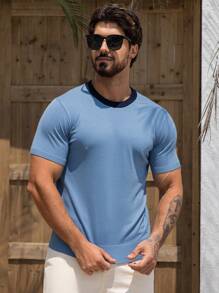 DAZY 男士休闲圆领撞色边饰短袖针织上衣，夏季 - 藍色 - 查看 7