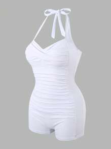 Swim Lushoire Women's Solid Color Ruched Halter One-Piece Swimsuit With Shorts, Vacation Wear For Summer - White - View 6