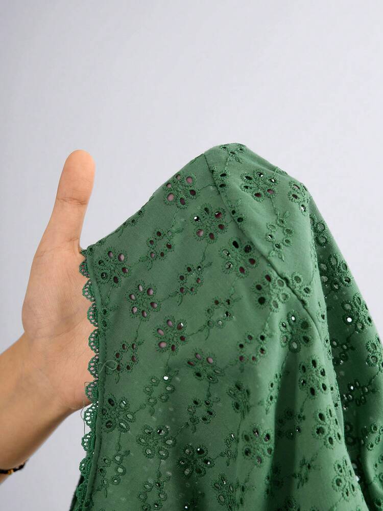 Women's Casual Green Woven Fabric Blouse With Round Neckline, Half Sleeves, And Tiered Layer Detail