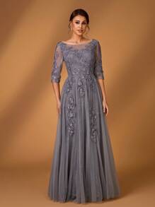 Serin Summer Romantic And Elegant Gray Lace Splicing Mesh Luxury Applique Embroidery Design Round Neck Three-Quarter Sleeves A-Line Hem Suitable For Dinner Date Dance Bachelorette Party Holiday Music Festival Wedding Event Bride Mother Dress