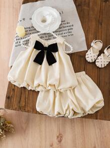 LMoss Kids LMoss  2pcs Baby Girls' Solid Woven Patchwork Bow Decor Sleeveless Top And Shorts Set Cute Matching Outfit