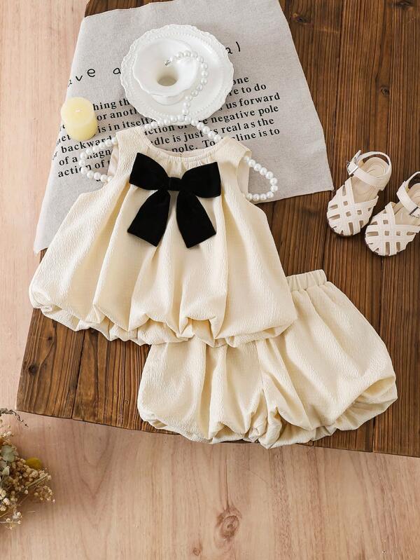 LMoss Kids LMoss  2pcs Baby Girls' Solid Woven Patchwork Bow Decor Sleeveless Top And Shorts Set Cute Matching Outfit