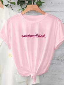 INAWLY Plus Size Summer Casual Letter Print Short Sleeve T-Shirt