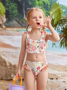 SHEIN Ensemble de bikini pour jeune fille avec imprimé floral en patchwork, volants roses et décoration papillon