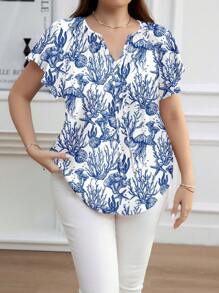 SHEIN Clasi Beach Resort Print Casual Loose Fit Round Neck Short Sleeve Plus Size Shirt, Suitable For Autumn/Winter - Blue and White - View 4