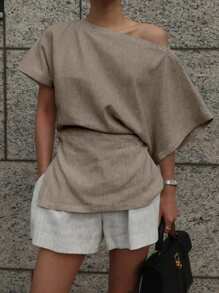 DAZY Women Solid Color Asymmetric Collar Batwing Sleeve Stylish Shirt Linen Y2k - Light Grey - View 3