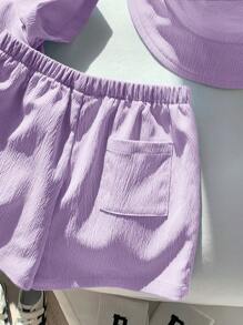 SHEIN 3 件套男婴/女婴装饰针织领短袖开衫、松紧腰短裤和帽子 - 紫色 - 查看 7