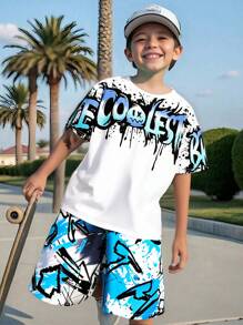 SHEIN Leap Crew 2pcs Kids Tween Boy Casual Versatile And Comfortable Letter Printed Pattern Round Neck Loose Fitting Pullover Short Sleeved T-Shirt Loose Printed Shorts Knitted Two Pieces Set Suitable For Commuting To School, Daily Leisure Vacation Travel, Suitable For Sports, Suitable For Spring And Summer Seasons - Multicolor - View 1