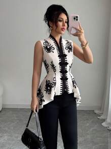 Elenzga Women's 2025 New Positioning Flower Handmade Button Design Asymmetrical Hem Sleeveless Blouse (Positioning Flower) - Black - View 5