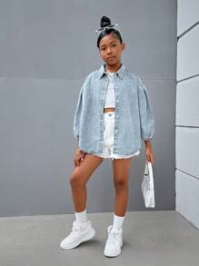 SHEIN Einfarbige Jeansjacke mit langen Ärmeln für Tween-Mädchen, modisch für Frühling und Herbst
