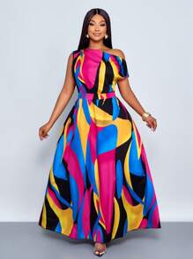 SOLERSUN Plus Size Spring And Summer Fashion Elegant Commuting Casual Slanted Shoulders Short Sleeves Large Skirt Waist Art Street Seaside Vacation Date Travel Female Model - Hot Pink - View 2