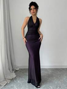 Rafferiza 女式优雅紧身鱼尾下摆 V 领收腰褶皱网眼洋红色衬里长裙，秋冬 - 彩色 - 查看 8