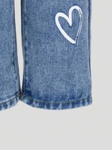 Baby Girls Fashionable Washed Light Blue Denim Heart Print Casual Soft Elastic Waist Jeans - Medium Wash - View 7