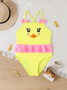 1-Piece Girls Swimsuit, Perfect For Playing In Water, Beach, Pool, Vibrant Colors, Cute Bow, Ruffle Trim, Cartoon Pattern, Soft And Comfortable, Sweet And Adorable, Candy-Like, Soft And Cute, Lovely And Charming, Dreamlike Sweet, Fairy Tale Style, Princess Style, Dreamlike Cute, Lively And Lovely, Mischievous And Lovely, Sweet And Lovely Swimwear - Yellow - View 3