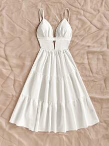 Soleia Women Vacation Solid Color Ruffle Hem Casual Spaghetti Strap Mid-Length Dress,Bohemia - White - View 7