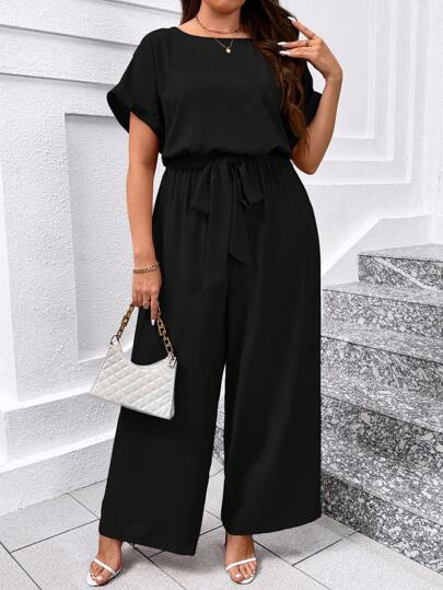 SHEIN Clasi Plus Size Elegant Round Neck Fitted Waist Wide Leg Jumpsuit