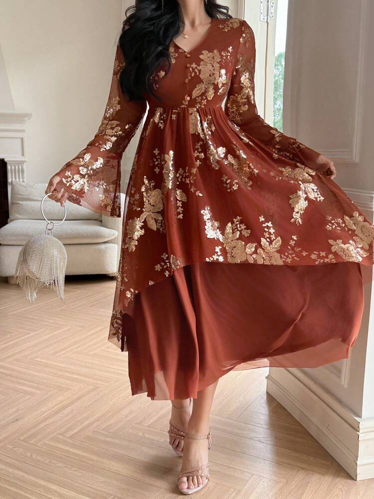 Vestido Midi Elegante com Estampa Floral Miúda Novo para o Verão, Adequado para Vestidos Longos de Festivais de Música
