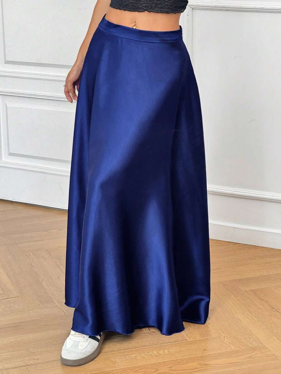 SHEIN PETITE High Waist Solid Flared Party Women Skirt - Navy Blue - View 1