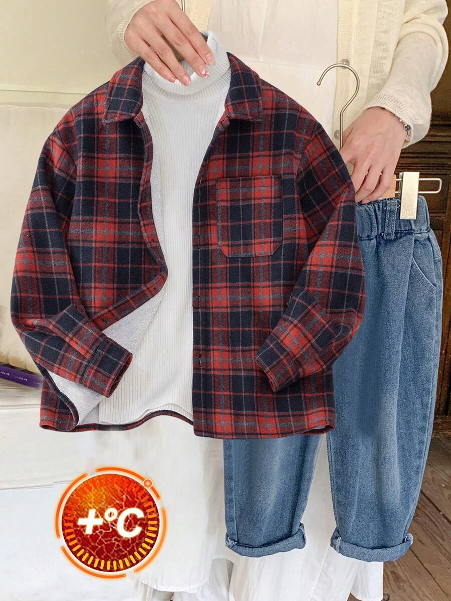 SHEIN 青少年男孩休闲格子领长袖前开宽松编织保暖衬里绗缝夹克，适合日常休闲、度假、运动、春夏秋冬 - 彩色 - 查看 1