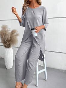 EMERY ROSE 2pcs/Set 3/4 Sleeve Shirt And Elastic Waist Pants - Light Grey - View 6