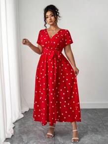 Elenzga Romantic Casual Commute Elegant Vacation Style Red V-Neck Polka Dot Short Sleeve Wrap Waist Slit Midi Dress, Long Version, Plus Size Women - Multicolor - View 4