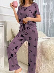 Women Heart Print Round Neck Short Sleeve T-Shirt And Drawstring Pants Casual Sleepwear Pajama Set