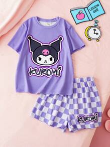 HELLO KITTY AND FRIENDS | SHEIN 2 件装少女休闲甜美紫色卡通图案 T 恤和格子短裤睡衣套装，适合春夏季 - 淡紫色 - 查看 6