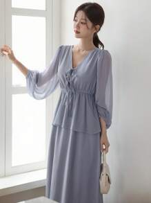 DAZY Vestido largo de unicolor con cintura ceñida y mangas de obispo, vestido largo elegante para mujeres, vestidos casuales de mujer de manga larga