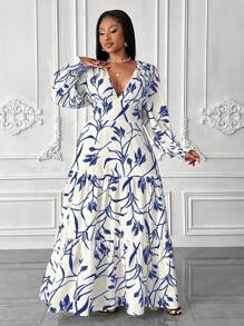 Maweii Abito lungo da donna taglie forti con maniche a sbuffo e stampe, adatto per vacanze