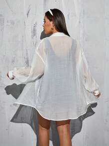 SHEIN Essnce 大码女装春夏时尚休闲宽松舒适日常修身轻薄清凉防晒透视白衬衫黑打底裤两件套，Y2k 返校服，机场装，街头装，欧洲夏季 - 黑與白 - 查看 2