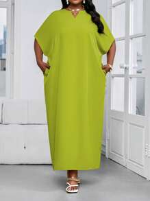 SHEIN Lady Festliches Kleid in Große Größen, Neon grün, Kurzarm, Damenkittel, locker fallend, Urlaubskleid, Bridal-Shower Kleid, Strandkleid für Damen in Große Größen, lang und schlank geschnitten - Grün - Übersicht 4