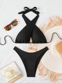 Swim SXY Set de traje de baño de 2 piezas de mujer de unicolor de punto con parte posterior atada para el verano