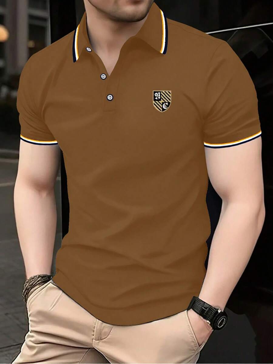 Men's Button Collar Polo Shirt With Shield Print Short Sleeve Top - Coffee Brown - View 1