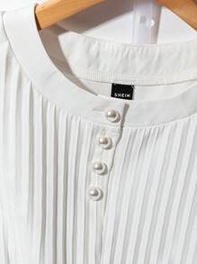 Franclia Women's Simple Round Neck Short Sleeve Blouse, Solid Color Office Shirt - White - View 5