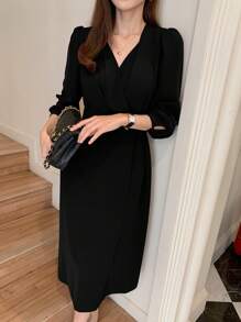 DAZY 法式复古V领优雅奢华别致女士长裙，秋季连衣裙长袖连衣裙 - 黑色 - 查看 4